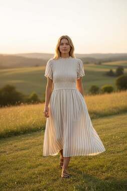 Polagram Smocked Striped Puff Sleeve Midi Dress Size Small